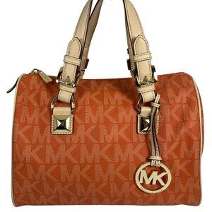 MICHAEL KORS Grayson Medium Satchel Signature Bag Tangerine Orange w/ Bag Charm